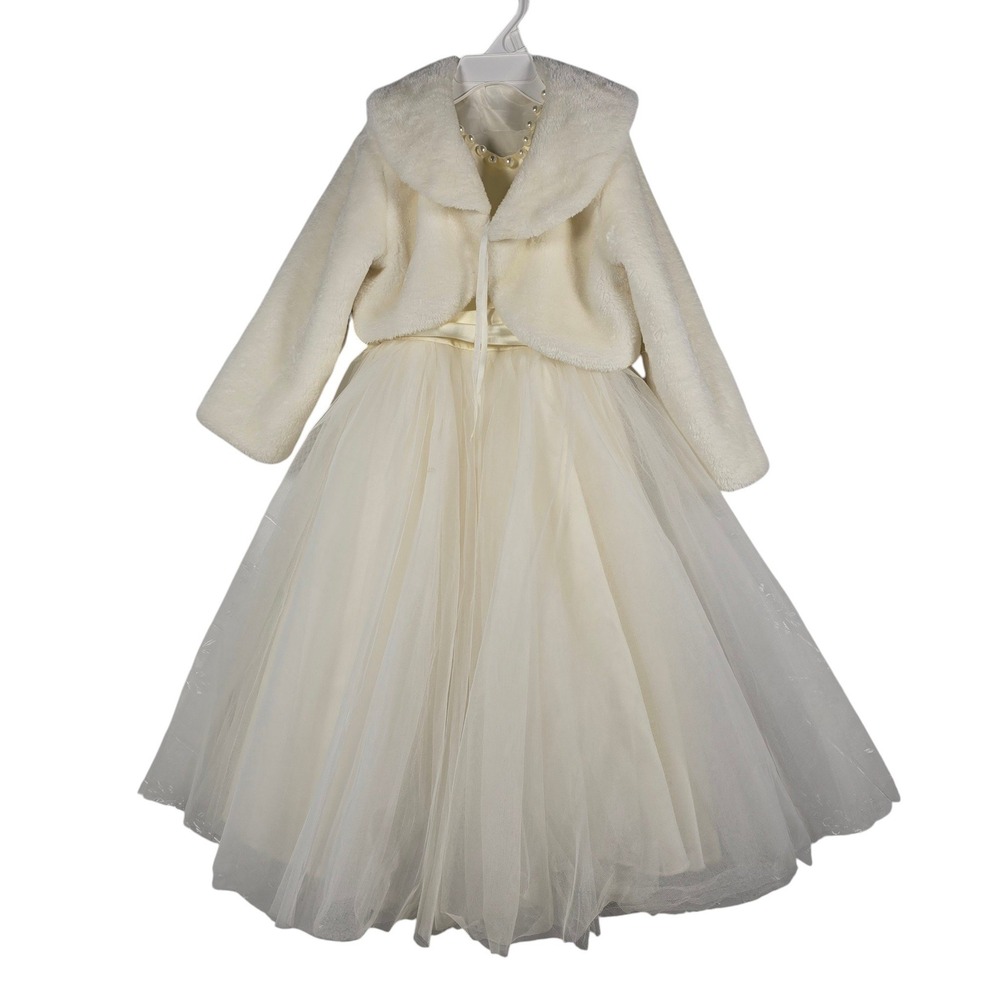 Kids Cream Ivory Flower Girl Dress with Faux Fur Bolero Jacket Pearl‎ Detail S